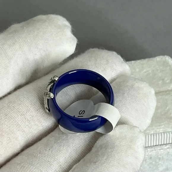 Blue Ceramic Cubic Zirconia Stainless Steel Ring Size 7 - Picture 4 of 10